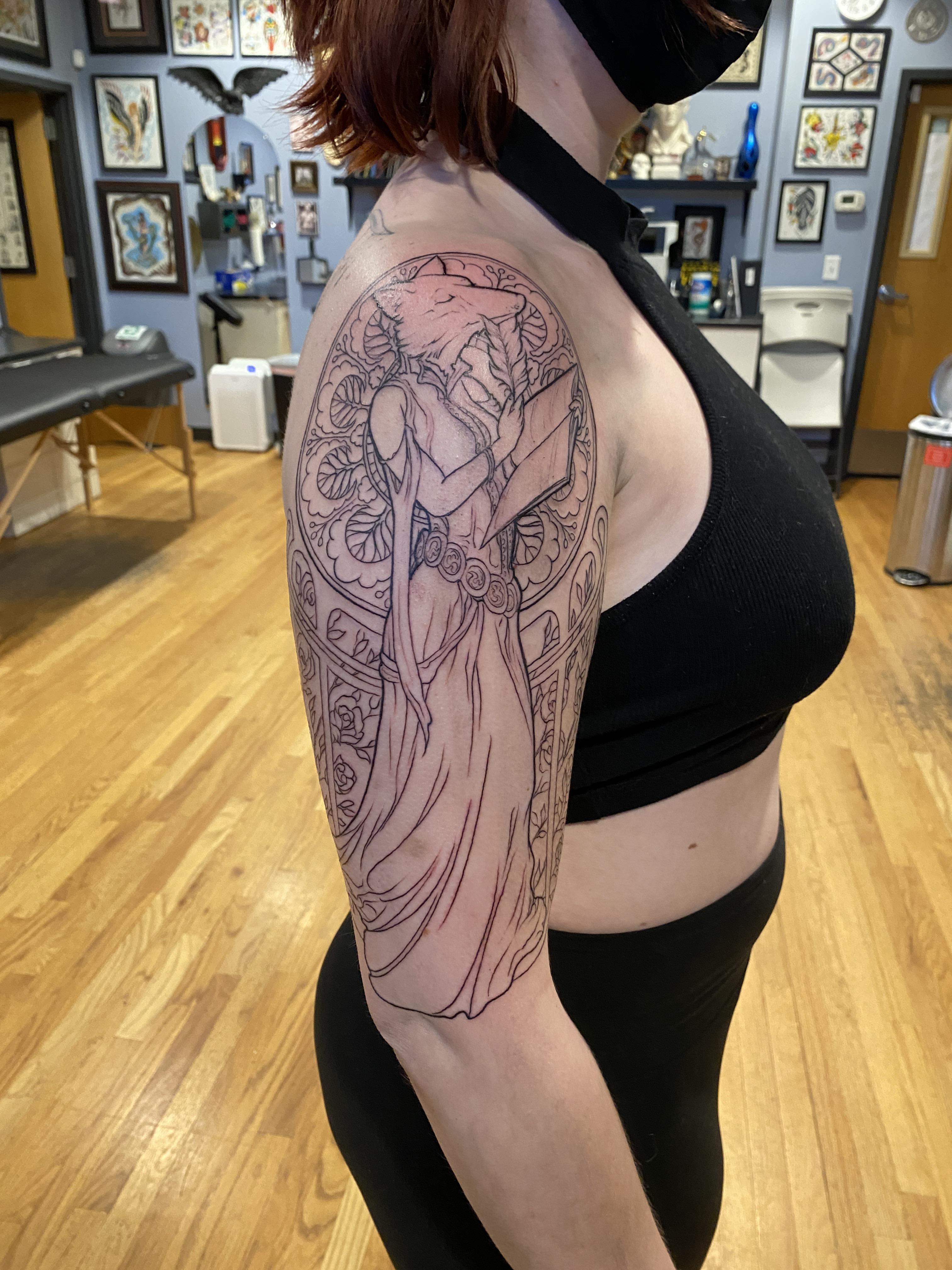 Art Nouveau Woman With A Fox Head Done By Jerome At Steady Tattoo In Minneapolis Shading To Come R Tattoos