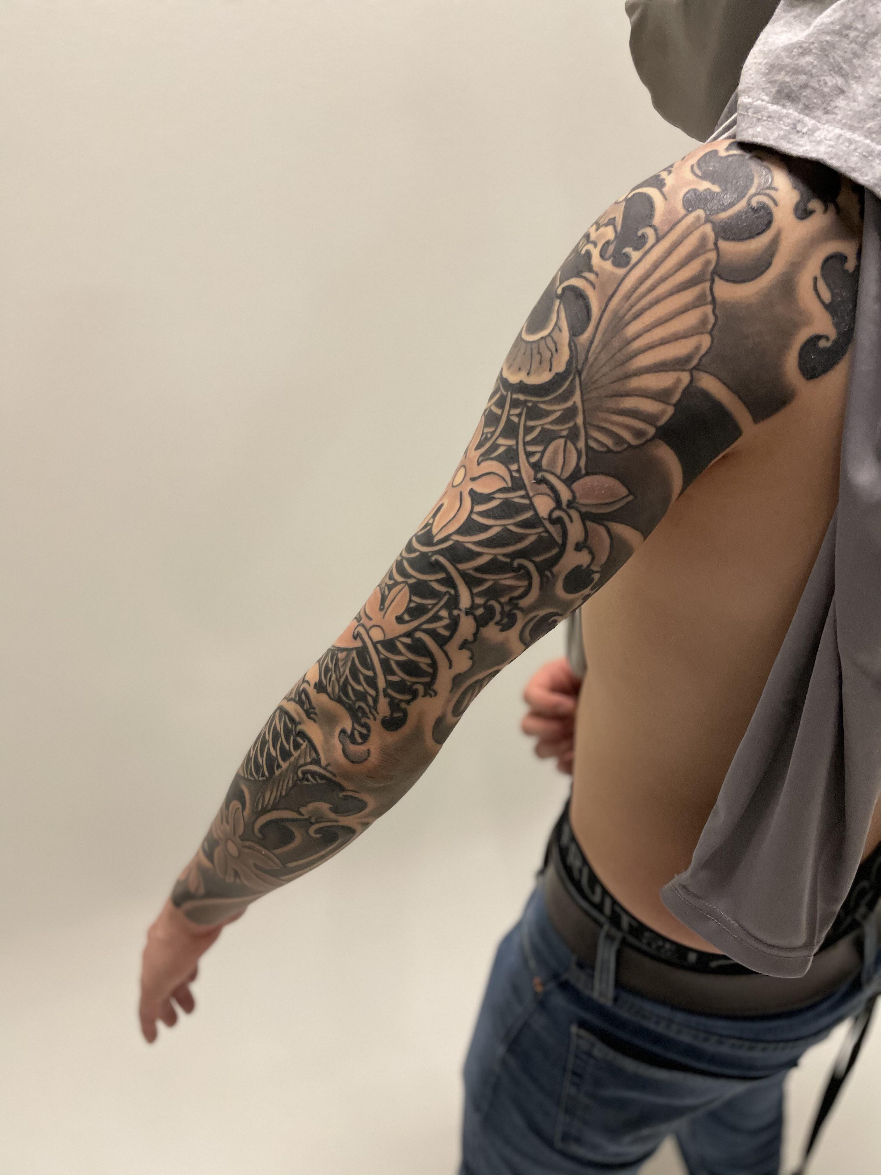 Black And Grey Koi Sleeve. Seattle, Washington By Kiwi Matt At Ronin Tattoo Seattle. : R/Irezumi 4032_x_3024_jpg