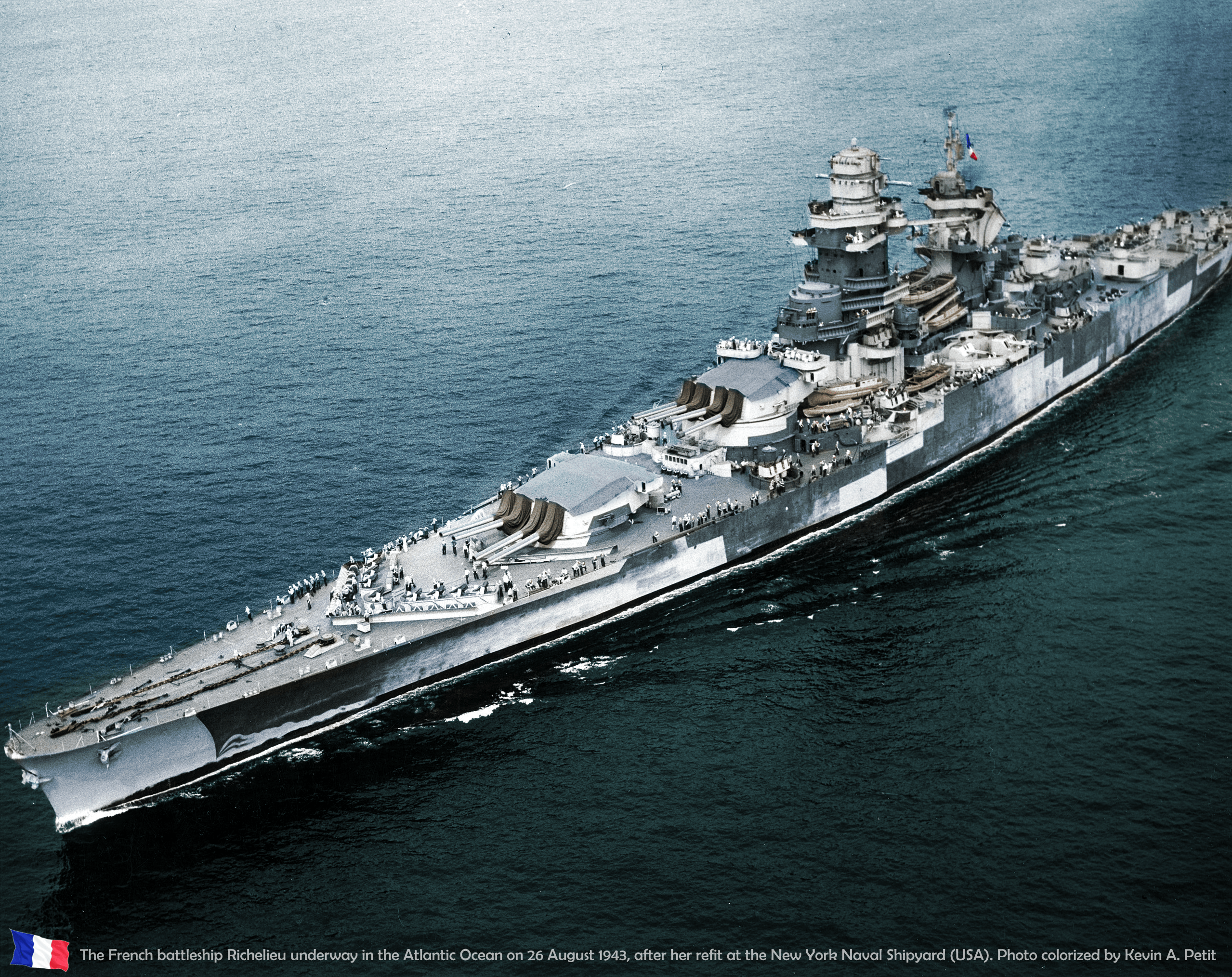 The French battleship Richelieu 🇫🇷 underway in the Atlantic Ocean on 26 August 1943, after her refit at the New York Naval Shipyard (USA). Colorized by me 🙂 ❤ : rWorldOfWarships French battleship richelieu