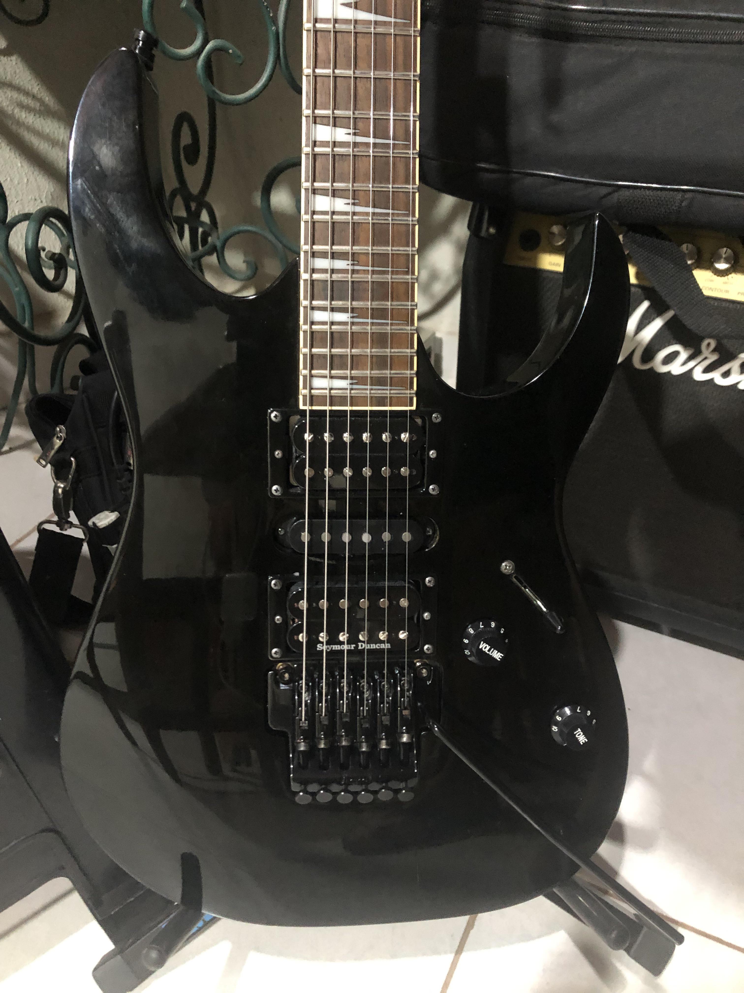 Ibanez RG370DX from Indonesia, I changed the pickups for Seymour Duncans JB on bridge and 59 on neck. The middle is a local manufacturer called “Malagoli”. Also installed a Hipshot tremsetter and Ibanez rg370dx