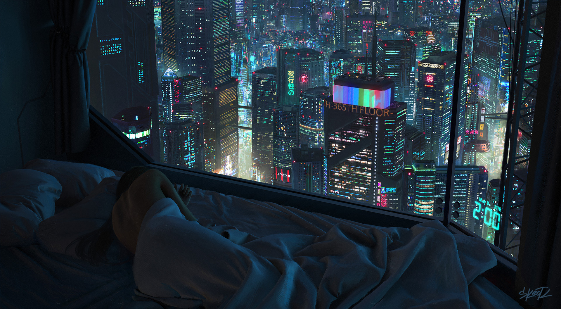 2am cyberpunk high rise apartment