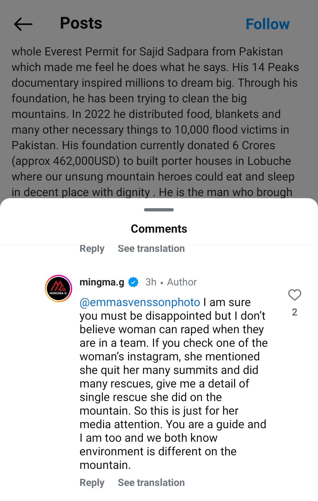 Mingma.g replies to critique about supporting Nims (now deleted comment): I dont believe woman can raped when they are in a team : rMountaineering Ming şa savaşı