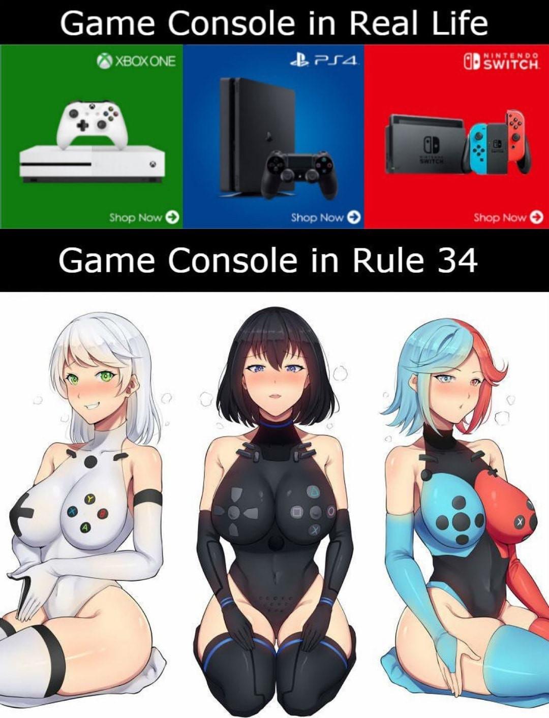 LF Color Source: Game console in real life Game console in rule 34 3girls, bare shoulders, black hair, blue eyes, blue hair, bridal gauntlets, green eyes, heterochromia, large breasts, meme, nintendo switch, Nintendo switch rule 34