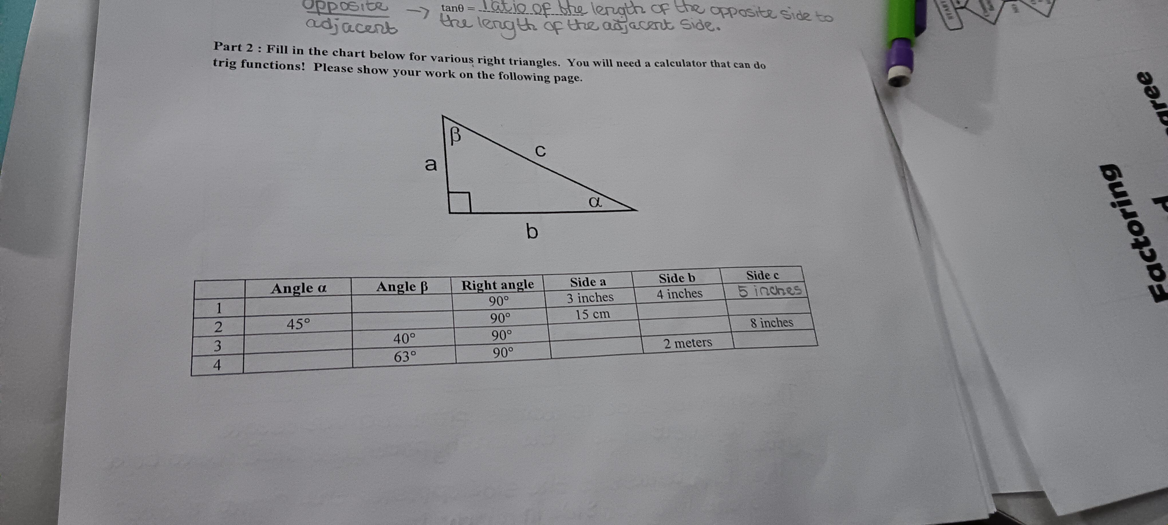 11年级：直角三角形三角学] 如何使用正弦、余弦和正切来找到两个未知角度，而只有一个角度已知？ : rHomeworkHelp