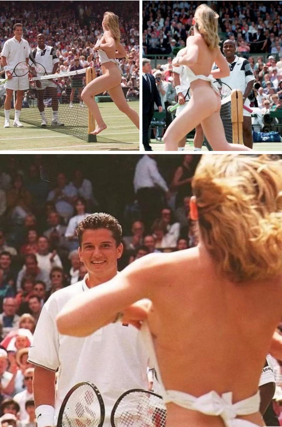 In 1996, a nude woman ran across the court during a Wimbledon match in the  mens final as players Richard Krajicek and MaliVai Washington happily stop  to watch the streaker. The woman