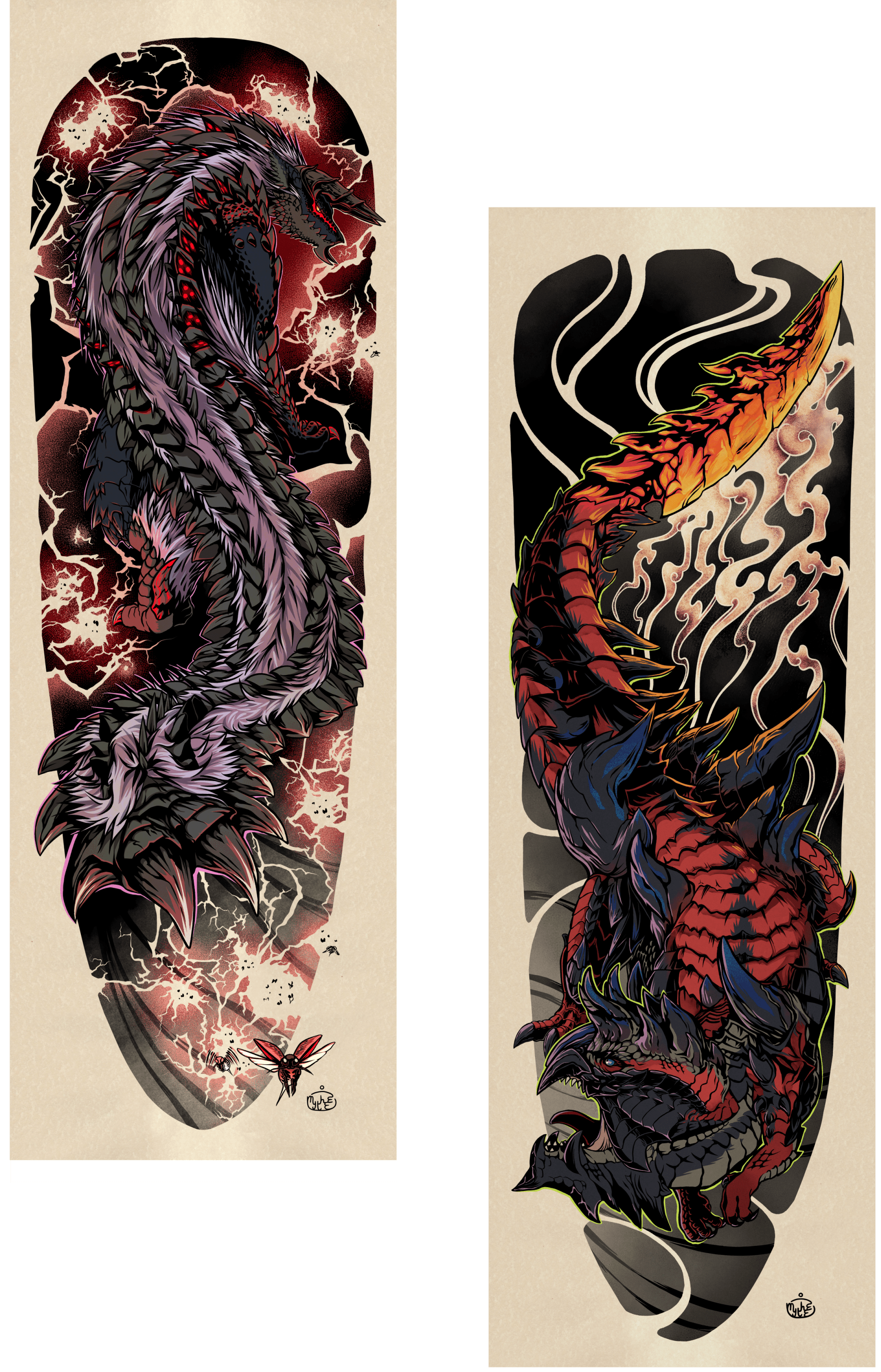 Stygian Zinogre Vs Glavenus Arm Sleeve Tattoo Design (Set) : R/Monsterhunterworld 3000_x_1926_png