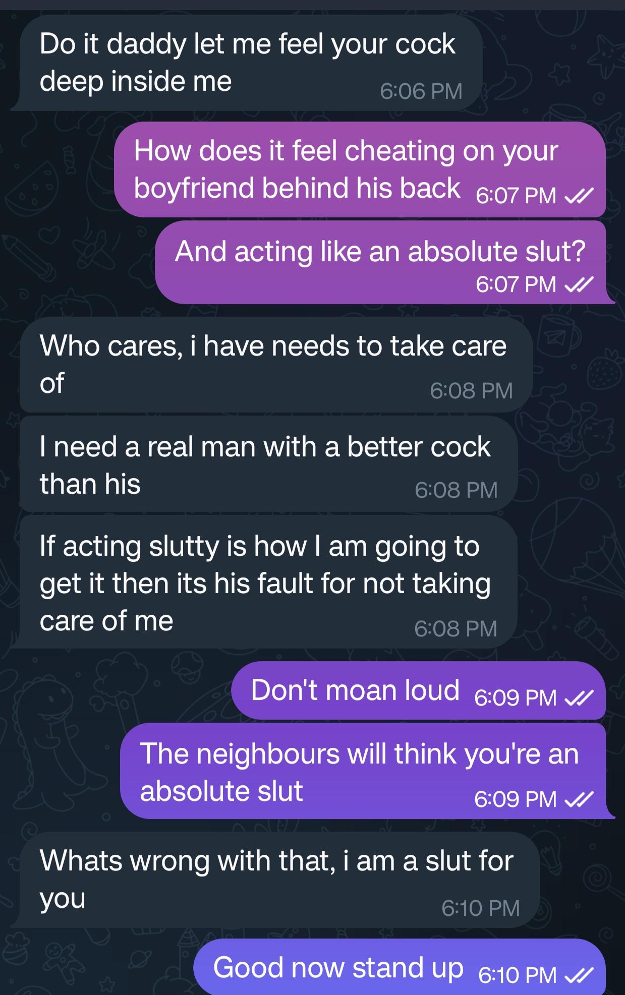 Met this cutie on reddit, turns out her boyfriend has a huge cuck fantasy. Didnt have to hold back and both of us ended up sexting for 2 hours. Cant wait to Cuckold sexting