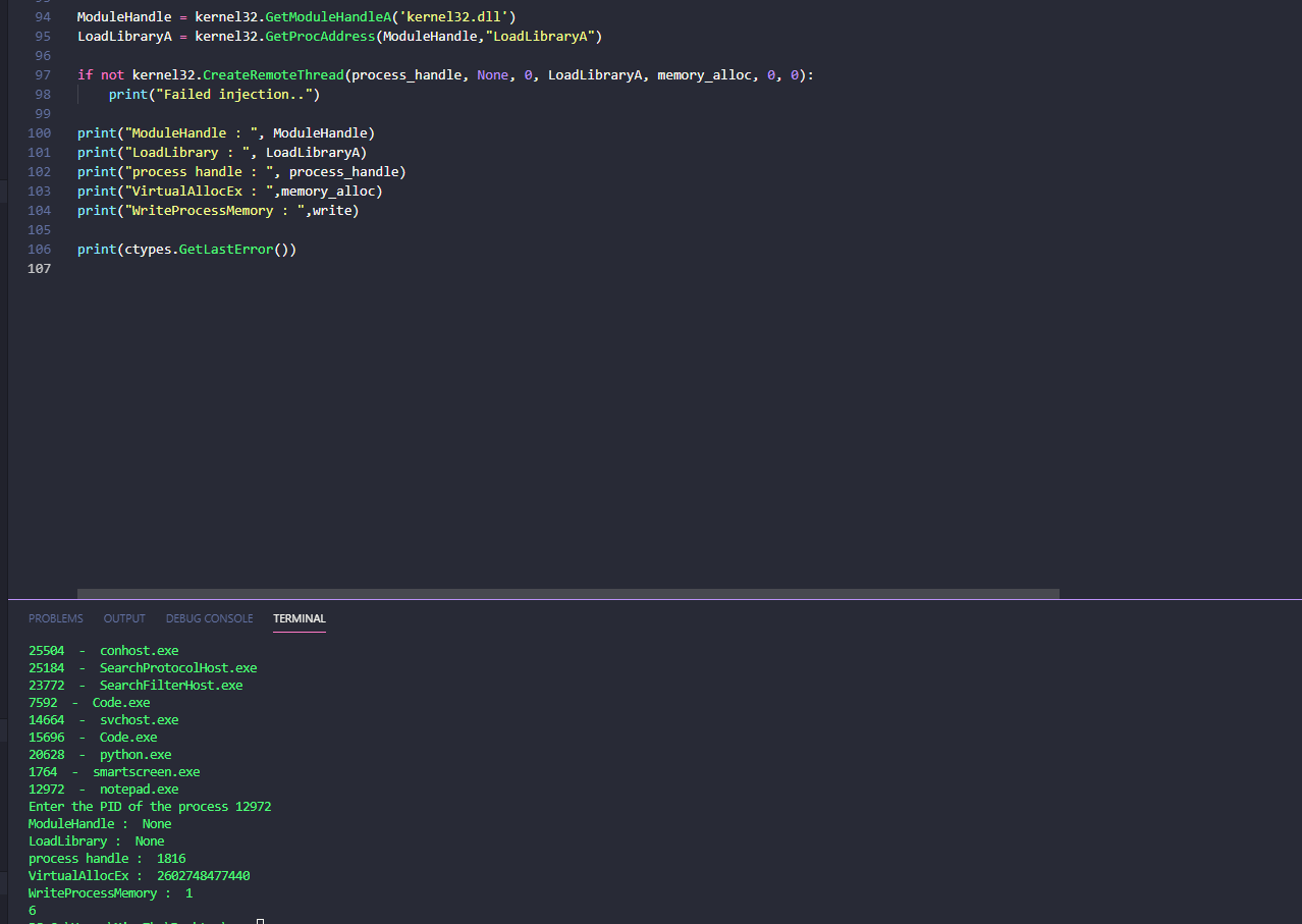 python - ctypes, GetErrorCode 6, LoadLibrary and Modulehandle returning  None? - Stack Overflow