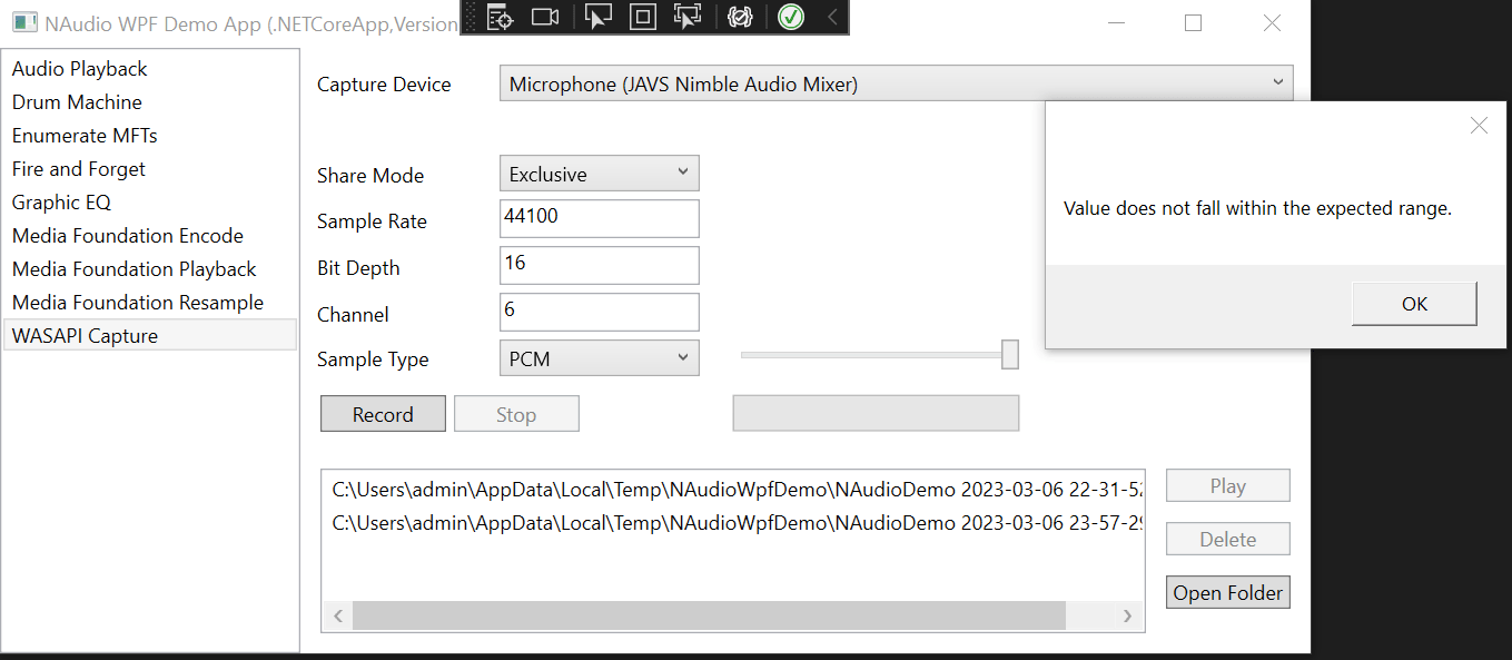 c - Value does not fall within the expected range NAudio WasapiCapture -  Stack Overflow