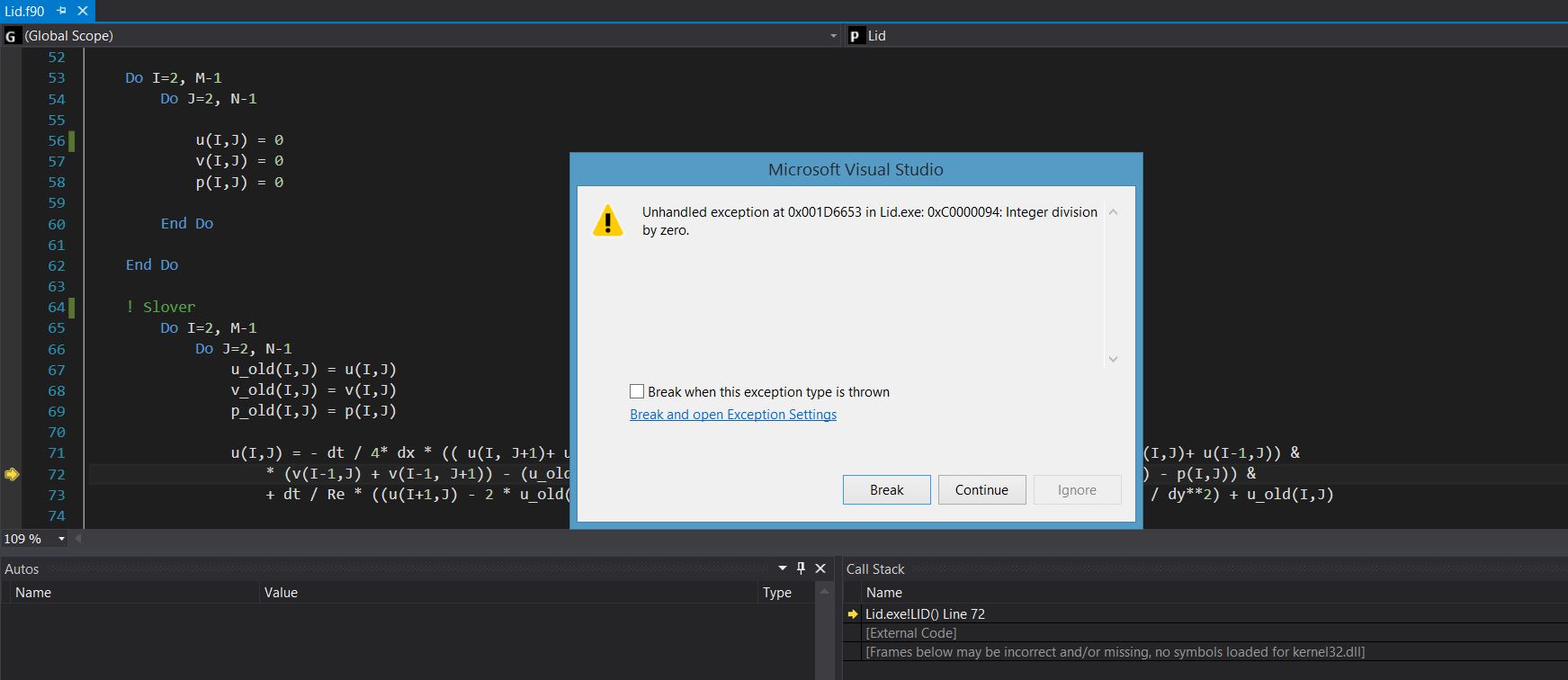 fortran - Unhandled exception at 0x001D6653 in Lid.exe: 0xc0000094: integer  division by zero - Stack Overflow