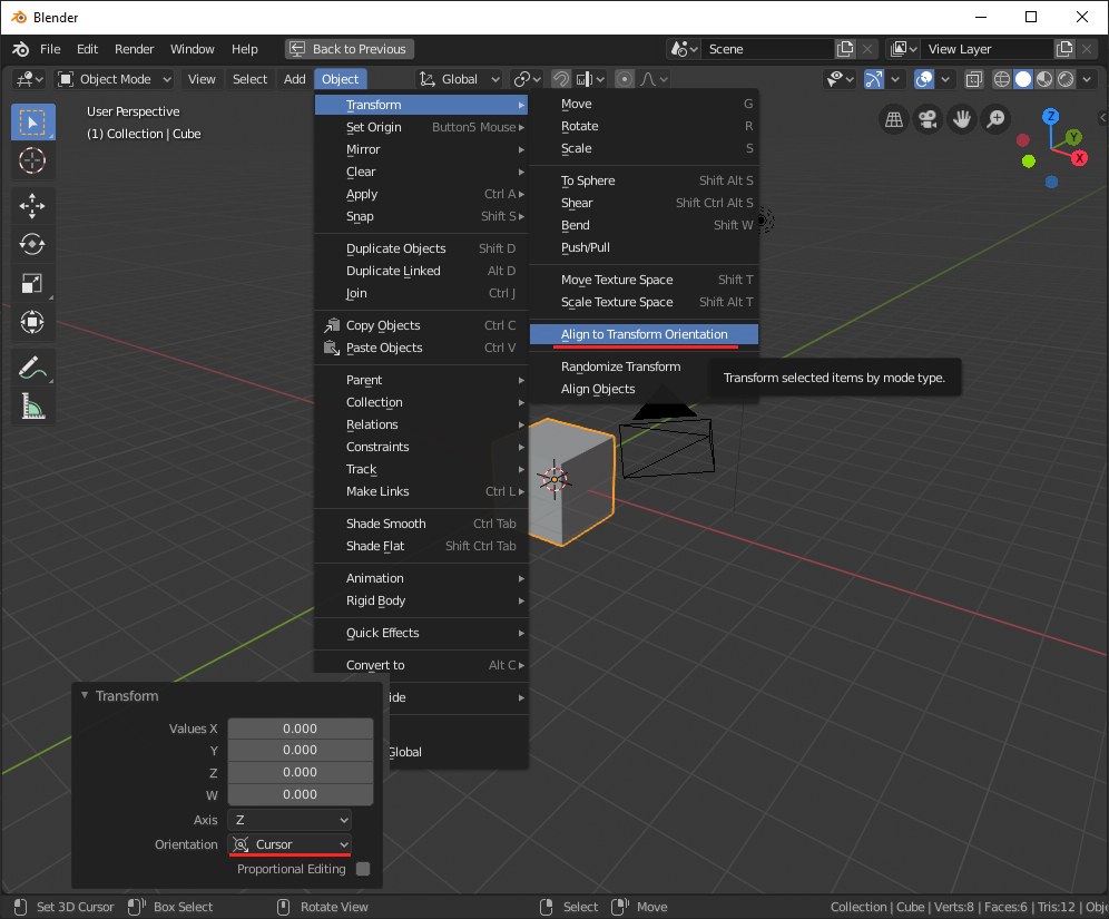 How To Snap And Align An Object To The 3d Cursors Position And Rotation Blender Stack Exchange