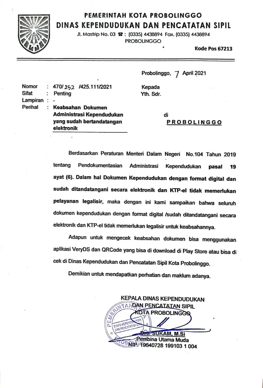 Keabsahan Dokumen Administrasi Kependudukan yang sudah bertandatangan  elektronik – Dispenduk Capil Kota Probolinggo