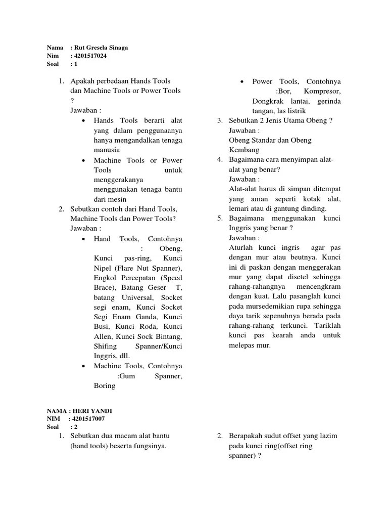 Soal Hand Tools Kelas 10 Pilihan Ganda Beserta Jawabannya