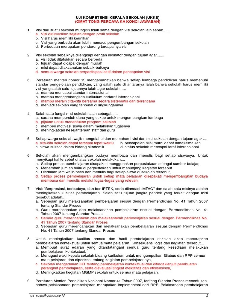 Soal Kepala Sekolah Berprestasi Dan Kunci Jawaban