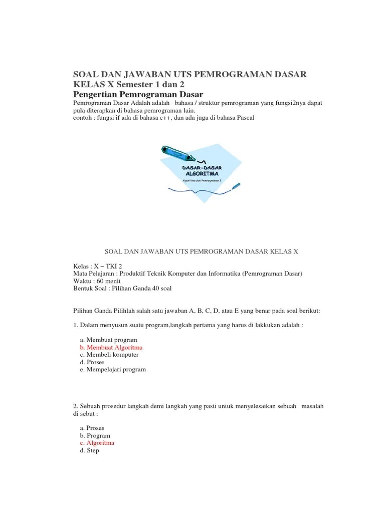 Soal Essay Pemrograman Dasar Kelas 10 Semester 2