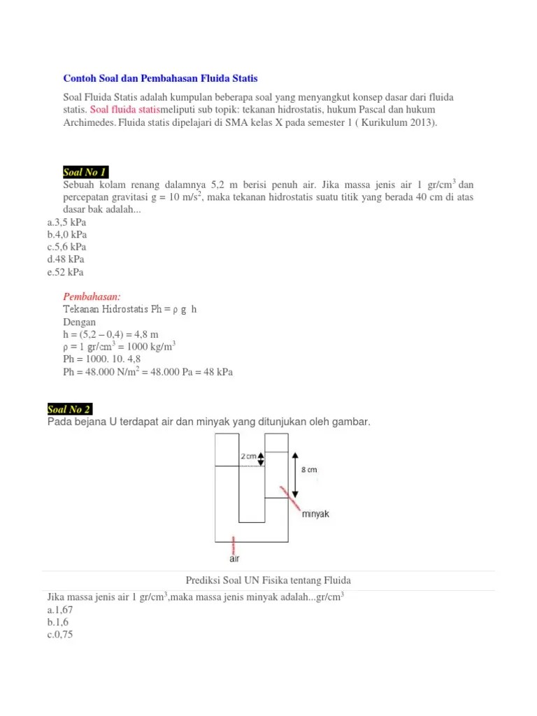 Contoh Soal Tentang Fluida Statis Beserta Pembahasannya
