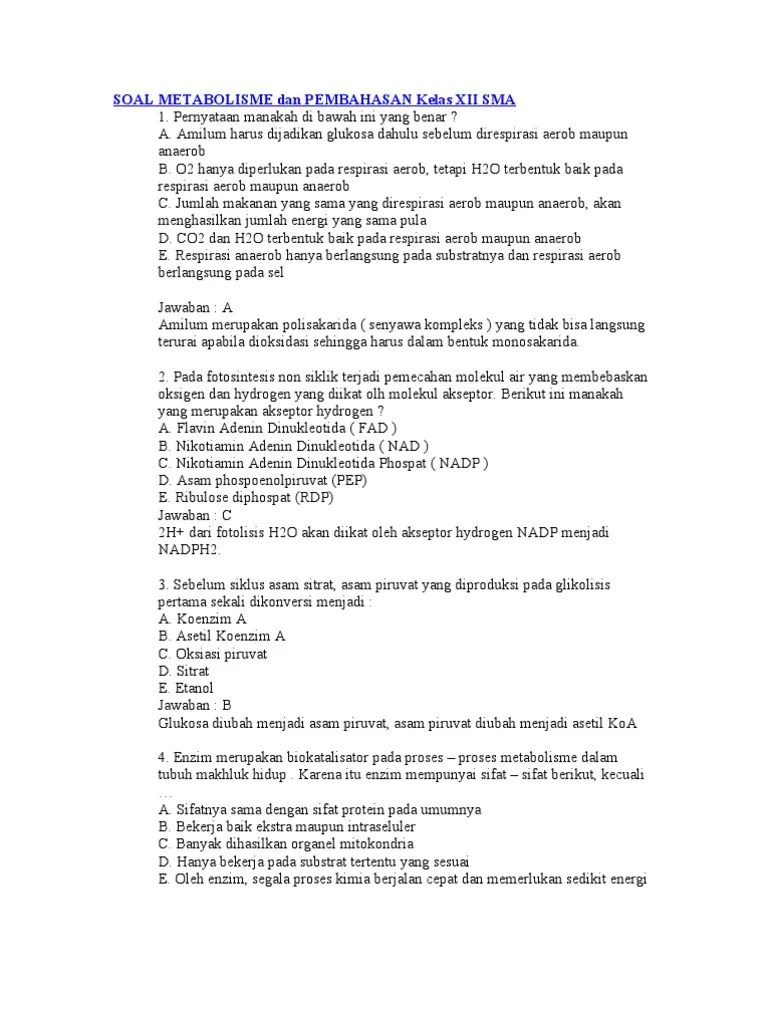Soal Metabolisme Kelas 12 Beserta Pembahasannya