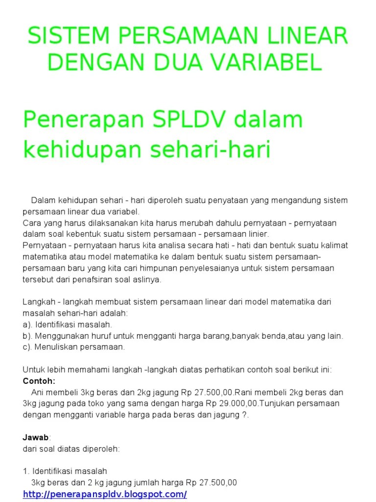 Contoh Soal Persamaan Linear Dua Variabel Dalam Kehidupan Sehari-hari