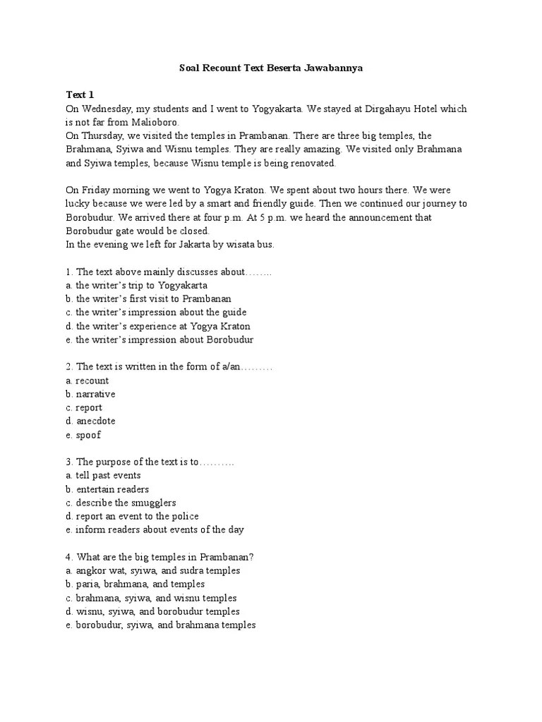 Contoh Soal Pilihan Ganda Recount Text Dan Kunci Jawabannya