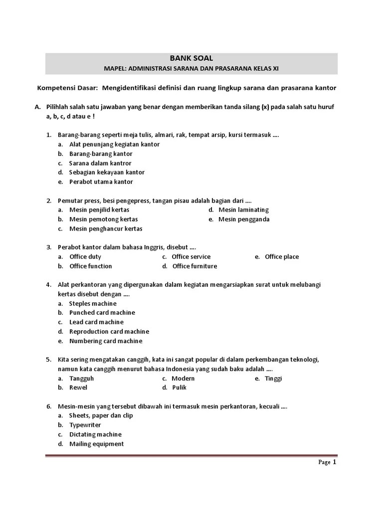 Soal Dan Jawaban Sarana Dan Prasarana Kelas 11 : Soal Sarpras Kelas 11  Masnurul : soal ujian akhir semester otomatisasi tata kelola sarana dan  prasarana sekolah menengah kejuruan (smk) tahun pelajaran 2019/2020