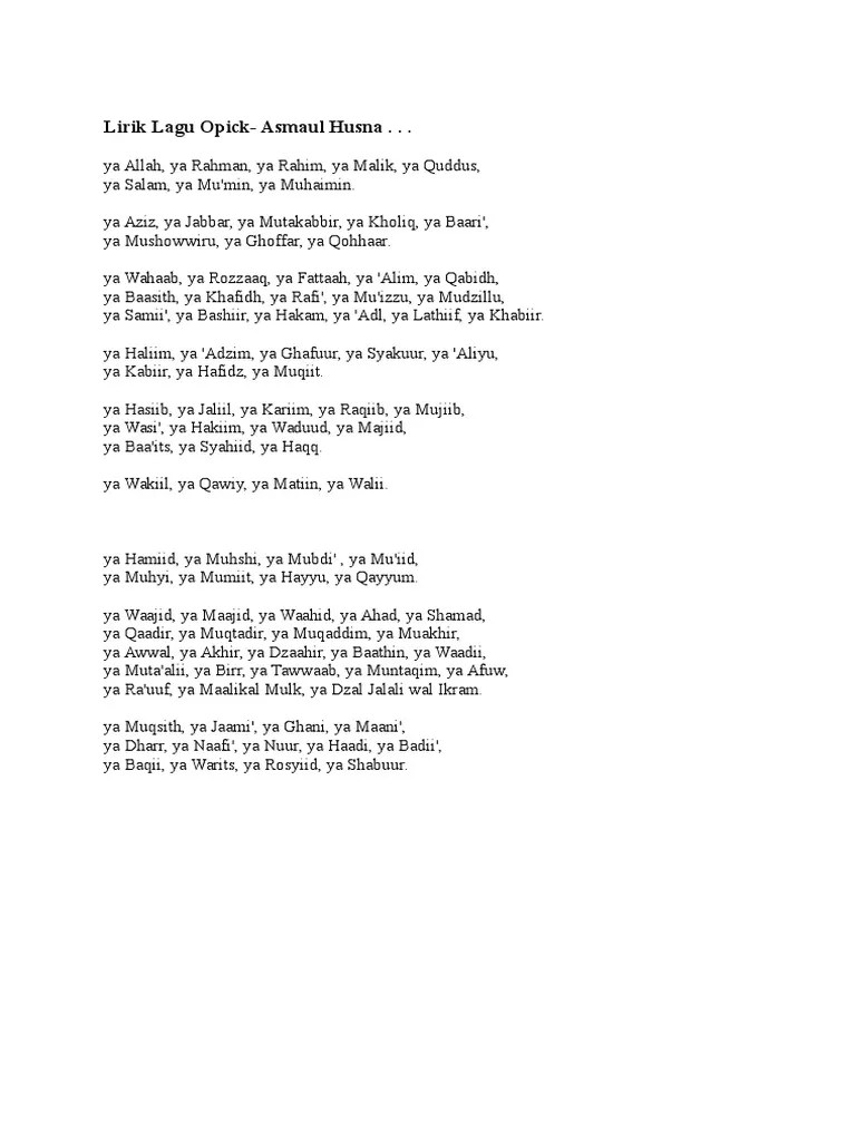 Lirik Lagu Teks Asmaul Husna Latin / Asma Ul Husna Lirik - Yovie dimulai  dengan y, klik y.