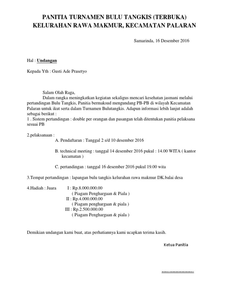 Contoh Surat Undangan Kejuaraan Bulutangkis : Contoh Surat Resmi Undangan  Pertandingan Persahabatan Contoh Surat : Maybe you would like to learn more  about one of these?
