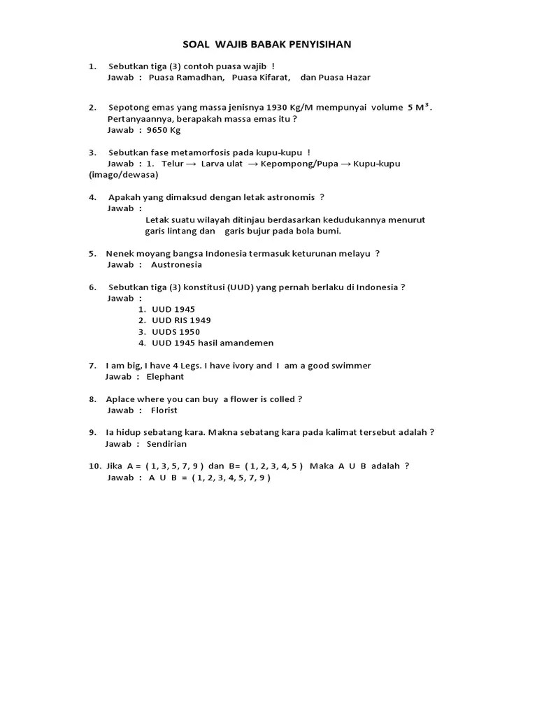 Soal Dan Jawaban Cerdas Cermat Tingkat Sd - Kumpulan Contoh Surat dan Soal  Terlengkap
