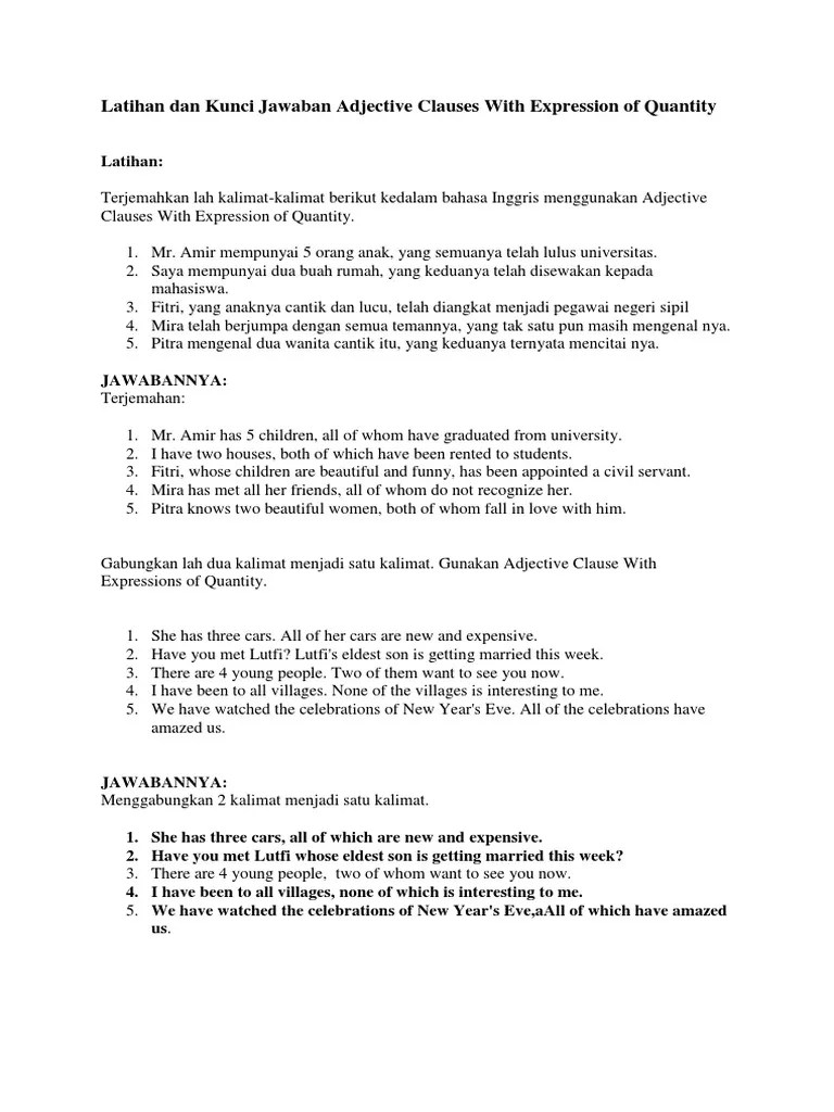 Soal Dan Jawaban Bahasa Inggris Adjective Clause - Kumpulan Contoh Surat  dan Soal Terlengkap