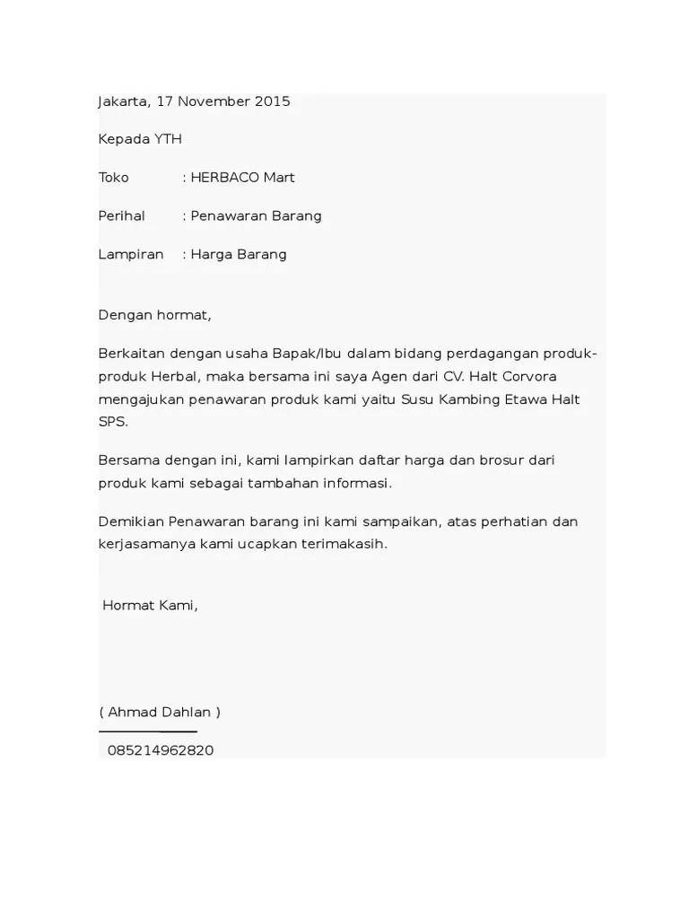 Contoh Surat Niaga Penawaran Produk Makanan - Nusagates
