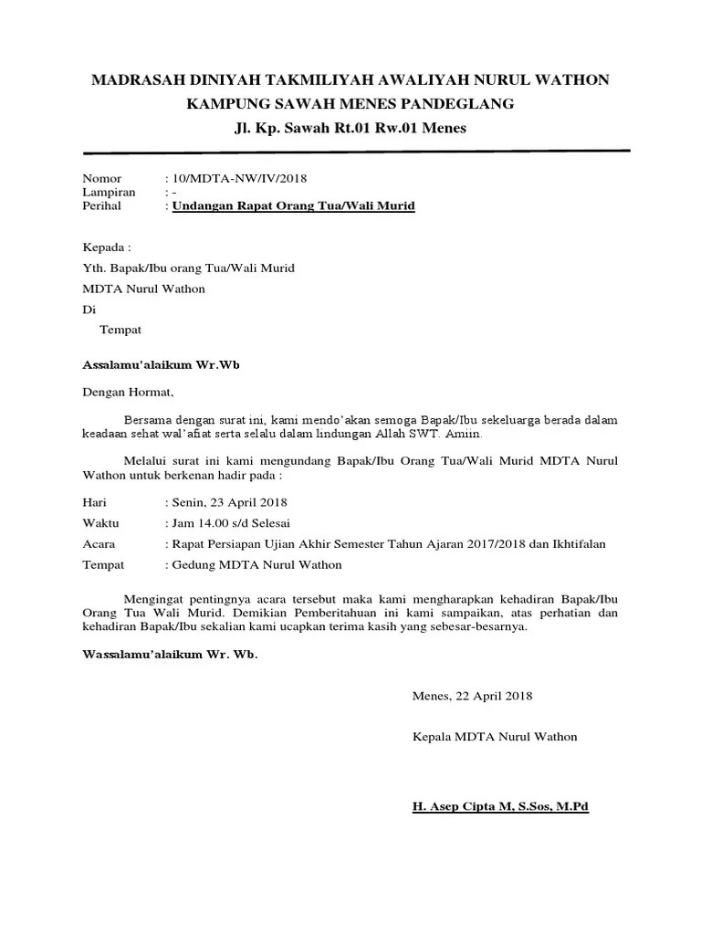 Contoh Surat Undangan Rapat Sekolah Untuk Wali Murid - Nusagates