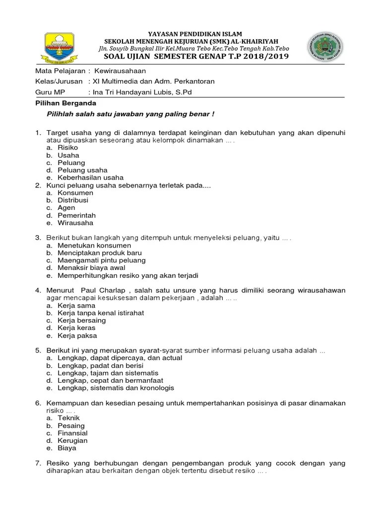 Soal Dan Jawaban Kewirausahaan Tentang Peluang Usaha - Kumpulan Contoh  Surat dan Soal Terlengkap