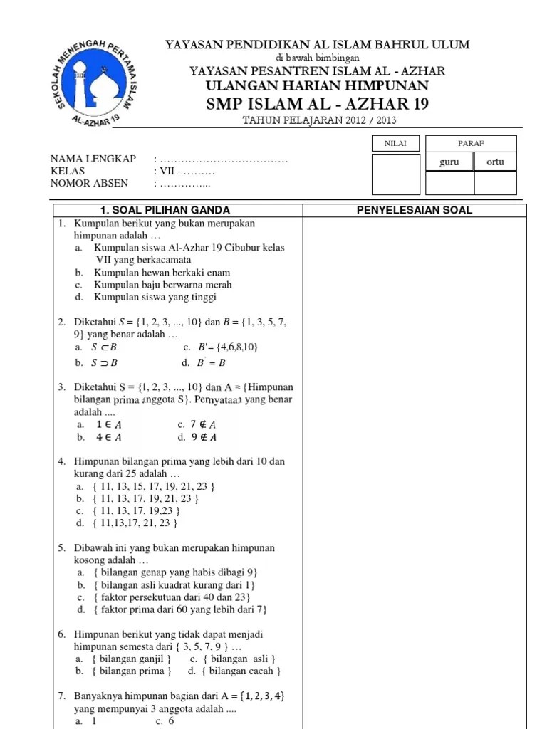 Soal Dan Jawaban Matematika Kelas 7 Semester 1 Himpunan - Kumpulan Contoh  Surat dan Soal Terlengkap