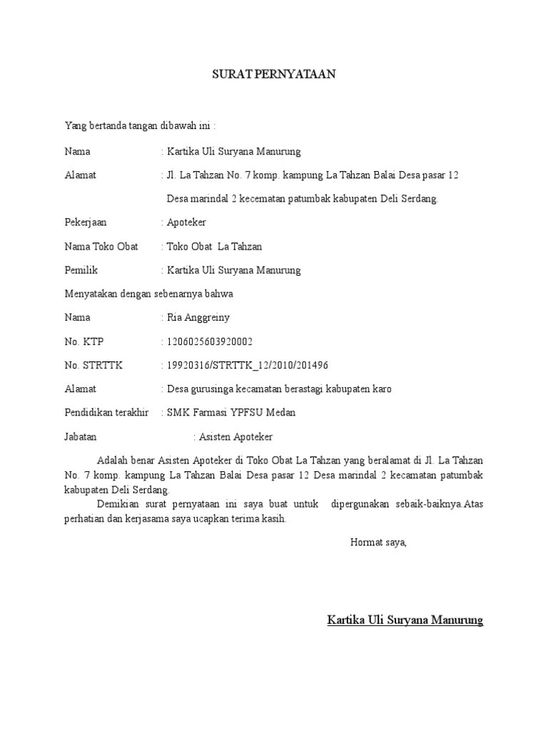 Contoh Surat Keterangan Kerja Asisten Apoteker - Kumpulan Contoh Surat dan  Soal Terlengkap