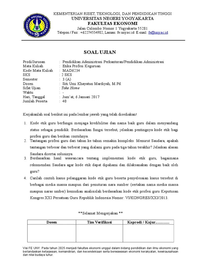 Soal Dan Jawaban Etika Profesi Keguruan - Kumpulan Contoh Surat dan Soal  Terlengkap