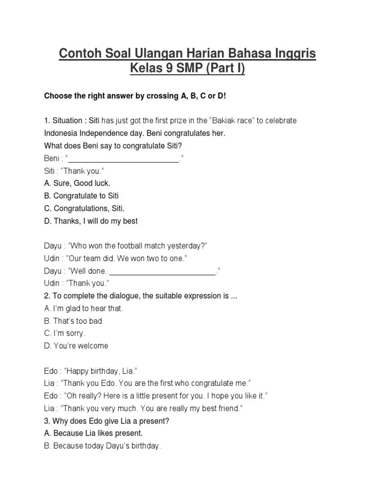 Contoh Soal Pilihan Ganda Congratulation Dan Jawabannya Kelas 9