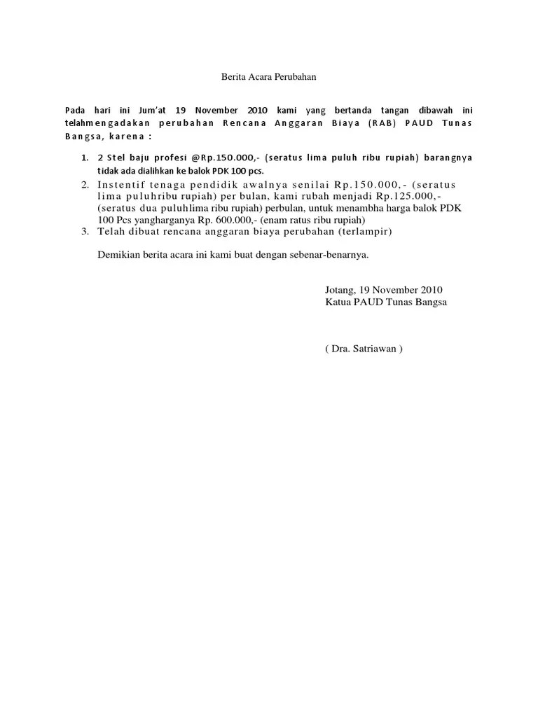Berita Acara Perubahan Rab - Belajar Pengetahuan
