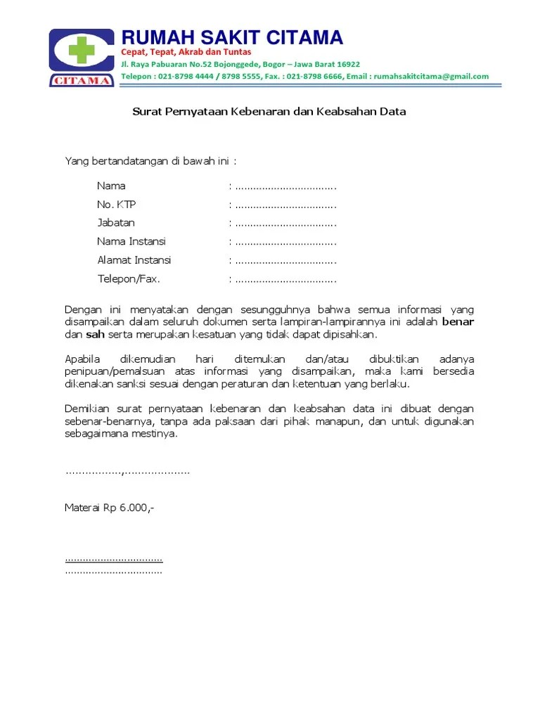 Contoh Surat Pernyataan Kebenaran Data - Kumpulan Contoh Surat dan Soal  Terlengkap
