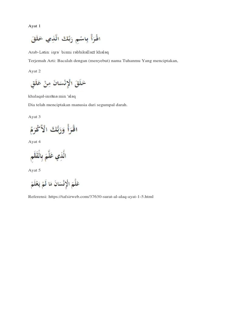 Surat Al Alaq Ayat 1-5 Latin / Surat Al Alaq Ayat 1 5 Lengkap Dengan Arab  Latin Dan Terjemahannya : Bacalah dengan (menyebut) nama tuhanmu yang  menciptakan.
