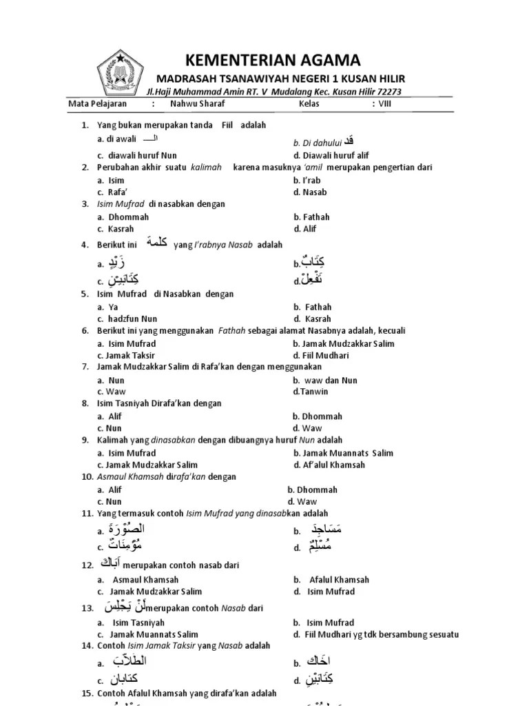 Soal Dan Jawaban Nahwu Shorof - Kumpulan Contoh Surat dan Soal Terlengkap