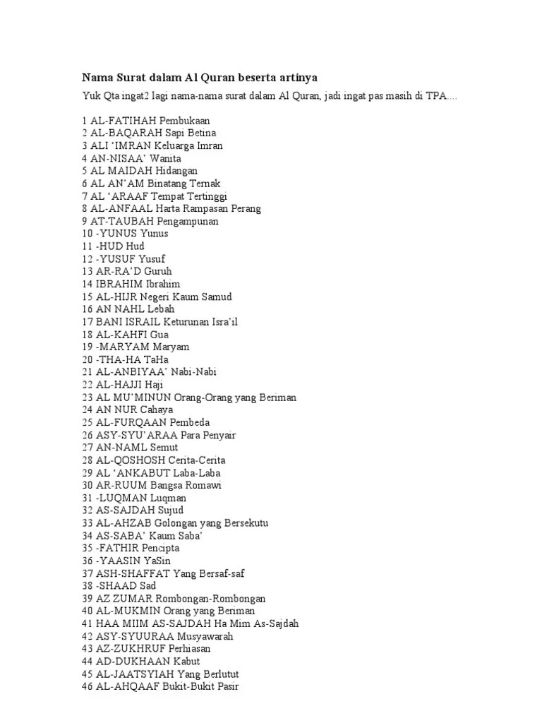 Nama Nama Surat Dan Artinya / 99 Nama Allah : Rangkaian nama hanif dan  artinya.