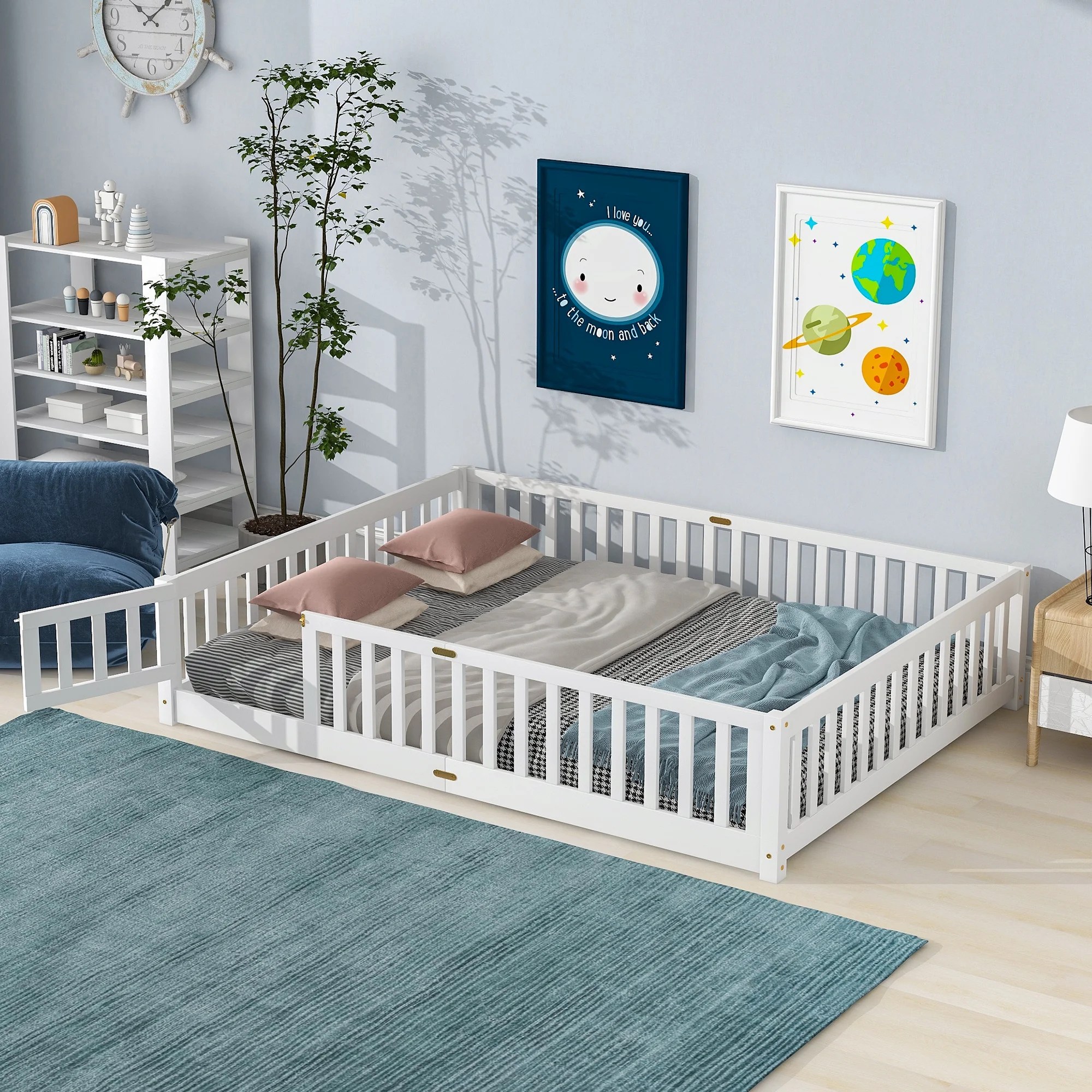 Queen Size Daybed Frame For Toddlers Kids Floor Bed With Fence Rails And Closable Door Platform Playhouse Boys Girls No Box Spring Needed Easy Assembly White Queen Size Daybed Frame For Toddlers