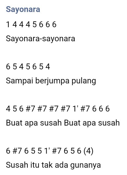 Not Angka Lagu Sayonara dan Not Pianika Sayonara