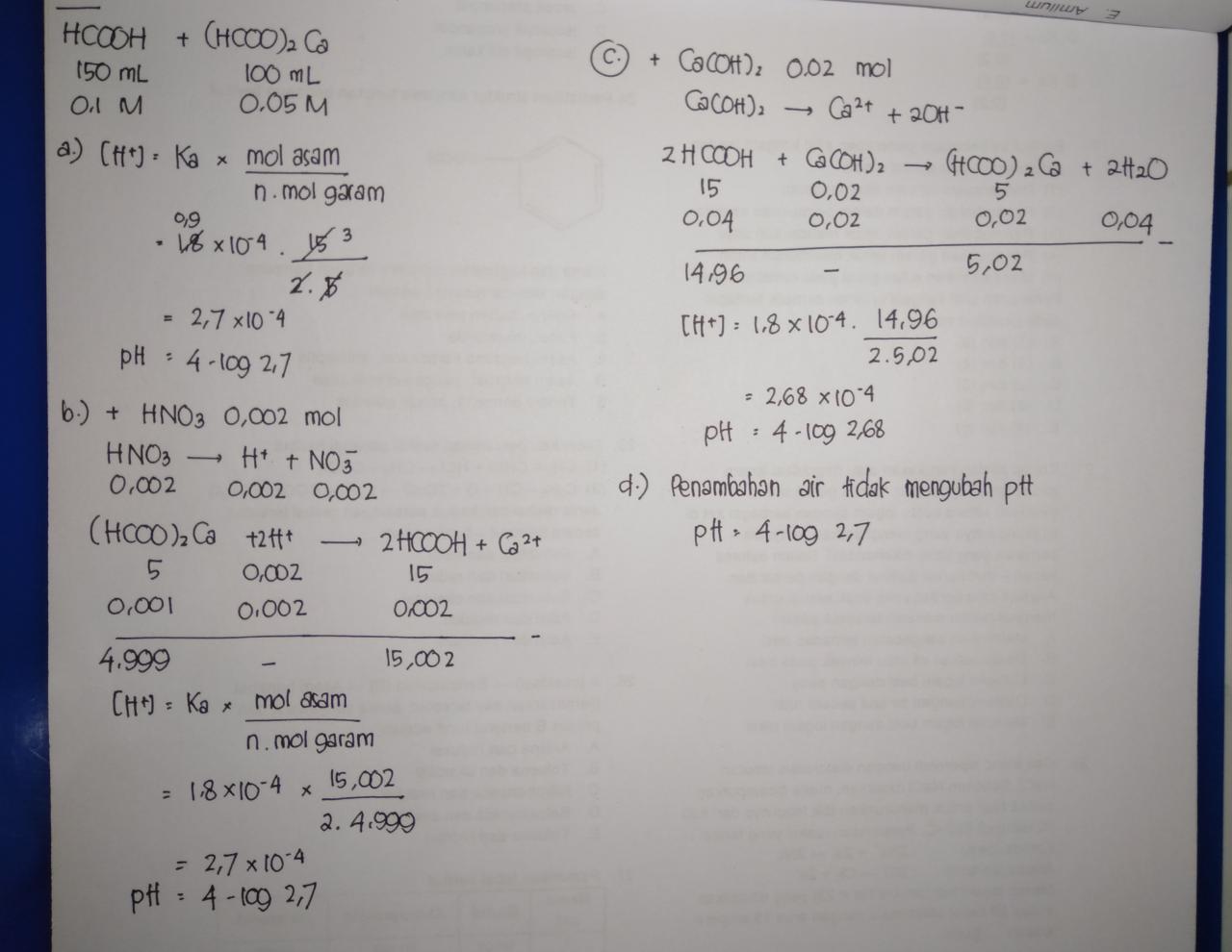 Sebanyak 150ml larutan hcooh 0.1 M dicampurkan dengan 100 ml (HCOO)2Ca 0.05  M. Tentukan: A. Ph - Brainly.co.id