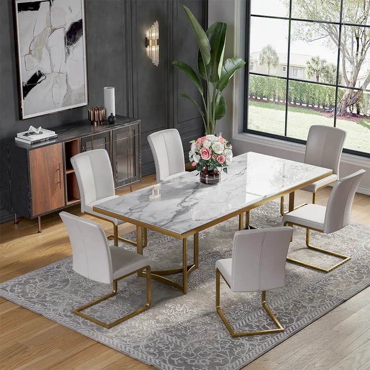 7 Pcs Modern Luxe Dining Table Sets With Faux Marble Charis Furniture Set Made In Com 7 Pcs Modern Luxe Dining Table Sets