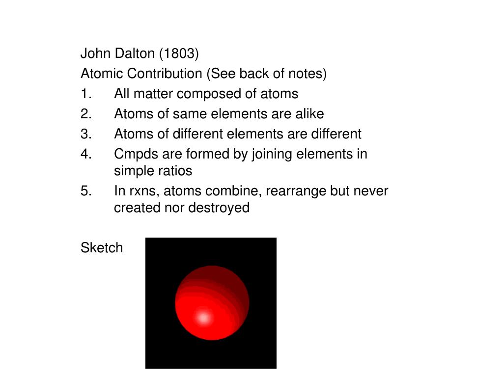 Ppt John Dalton 1803 Atomic Contribution See Back Of Notes All Matter Composed Of Atoms Powerpoint Presentation Id 6850652