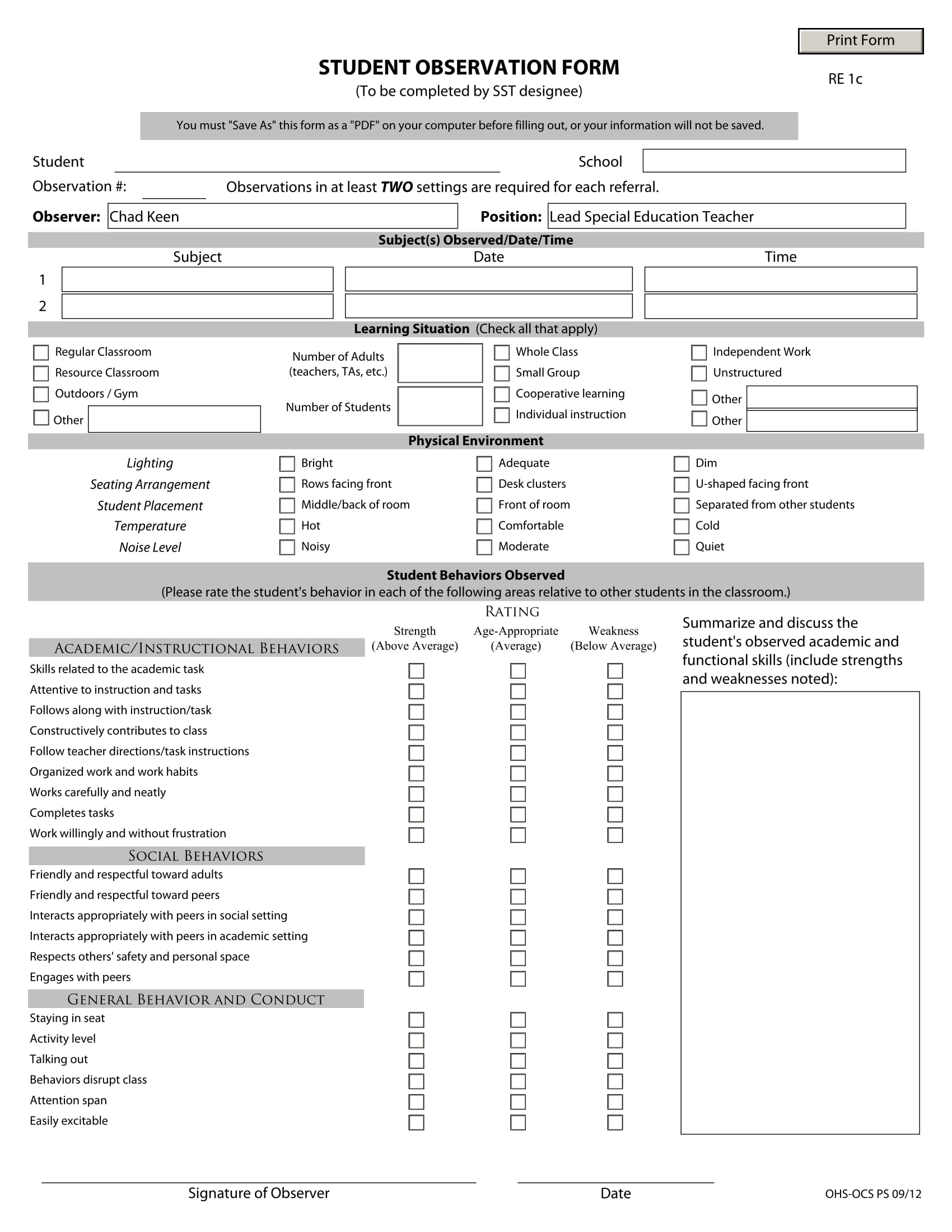 student observation form