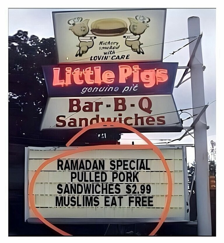 ﻿Fcdars ‘CARE Little gonuine Pigs Bar w B-Q Sandwriches RAMADAN SPECIA PULLED PPORK SANDWCHES S2.99  MUSLIMS EAT FREE Mit Lovin’