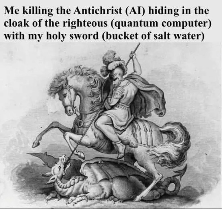 ﻿Me killing the Antichrist (AI) hiding in the cloak of the righteous (quantum computer) with my holy sword (bucket of salt water)