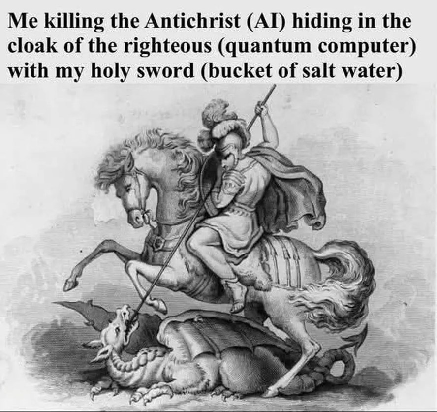﻿Me killing the Antichrist (AI) hiding in the cloak of the righteous (quantum computer) with my holy sword (bucket of salt water)