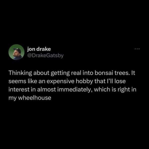 ﻿jon drake @DrakeGatsby Thinking about getting real into bonsai trees: It seems like an expensive that ! Il lose interest in almost immediately, which is right in my wheelhouse hobby